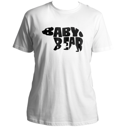 White Baby Bear Unisex T-Shirt by Garrari with dark bear-shaped Baby Bear typography graphic