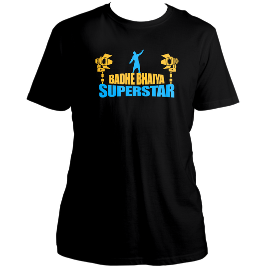 Black Badhe Bhaiya Superstar Unisex T-Shirt with yellow blue elder brother graphic