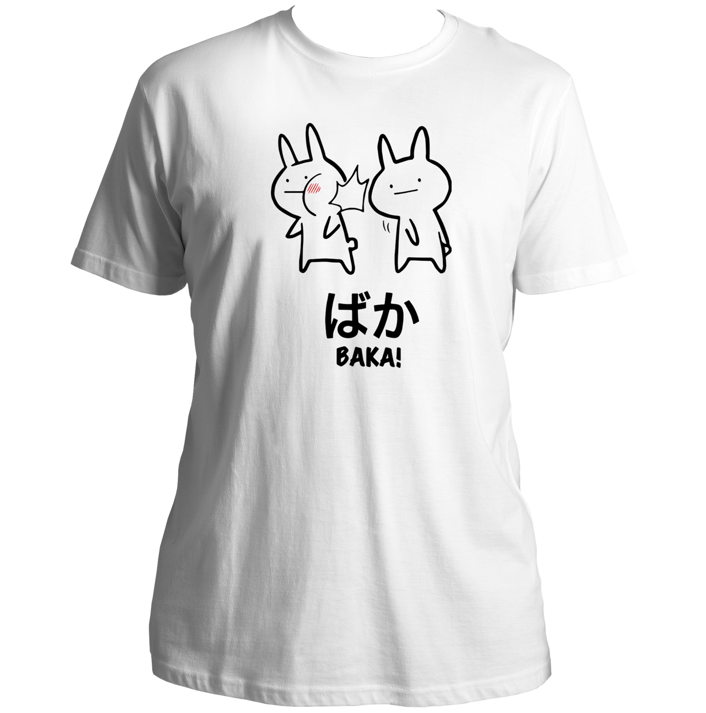 White Baka Anime Unisex T-Shirt with cute Japanese slap character artwork by Garrari