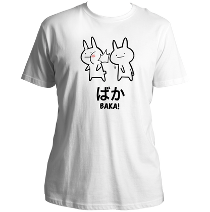White Baka Anime Unisex T-Shirt with cute Japanese slap character artwork by Garrari
