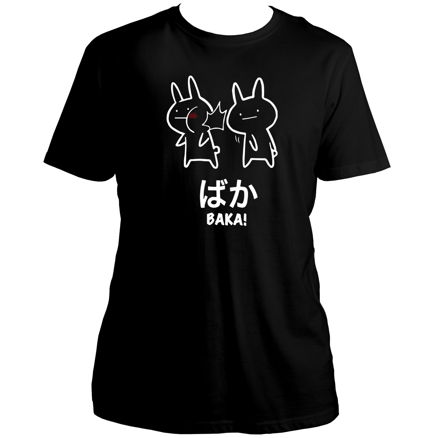 Black Baka Anime Unisex T-Shirt with kawaii Baka character print by Garrari