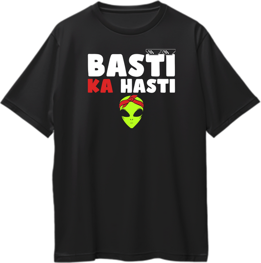 Black Basti Ka Hasti Oversized T-Shirt with alien bandana graphic and bold typography by Garrari