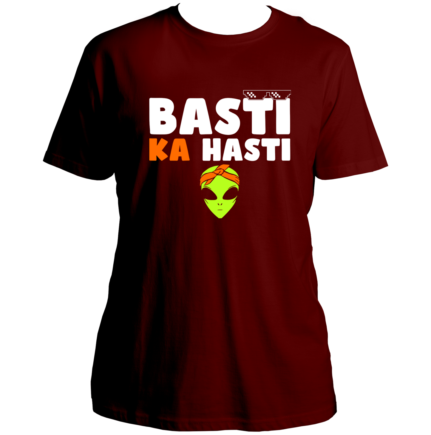 Maroon Basti Ka Hasti Hindi Unisex T-Shirt with quirky Hindi hip-hop artwork by Garrari