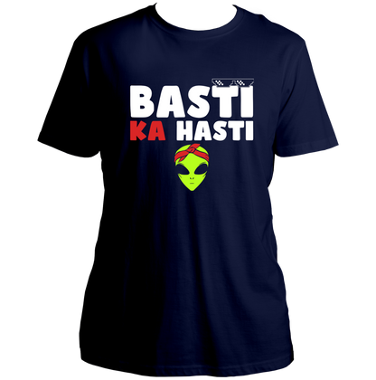 Navy Blue Basti Ka Hasti Hindi Unisex T-Shirt with bold streetwear typography by Garrari