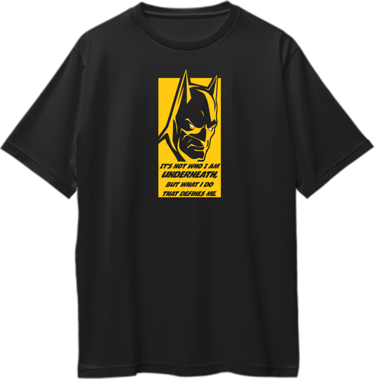 Oversized unisex t-shirt featuring a silhouette of a dark figure with the quote 'It's not who I am underneath, but what I do that defines me.'