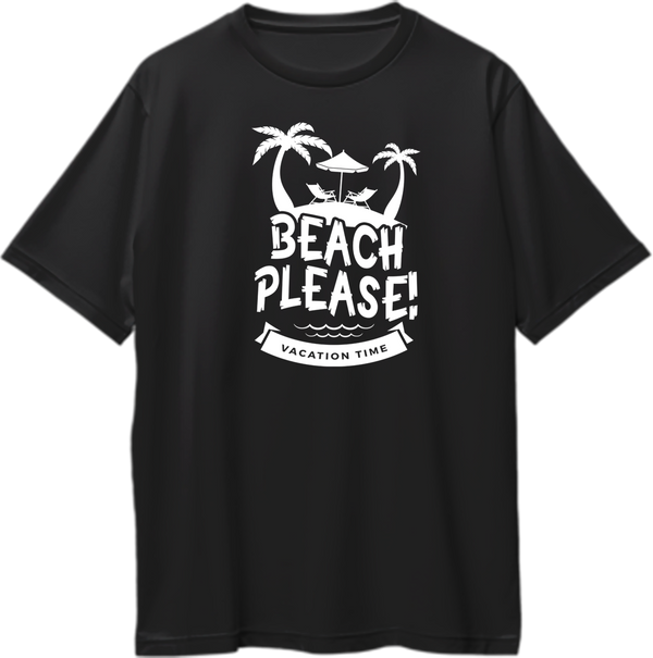 Black Beach Please Oversized T-Shirt by Garrari with palm trees, beach chairs and Vacation Time graphic