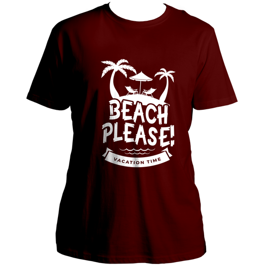 Maroon Beach Please Unisex T-Shirt by Garrari with palm trees and beach vacation graphic