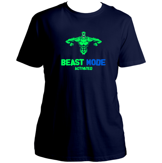 Navy Blue Beast Mode Activated Unisex T-Shirt by Garrari with muscular gym workout graphic