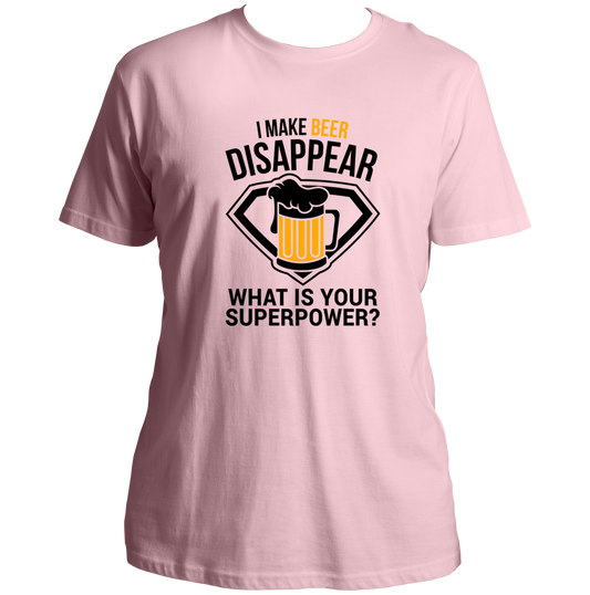 Baby Pink Beer Power Unisex T-Shirt with funny beer mug artwork by Garrari
