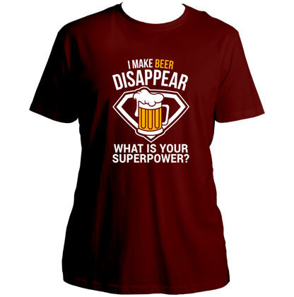 Maroon Beer Power Unisex T-Shirt with I Make Beer Disappear design by Garrari