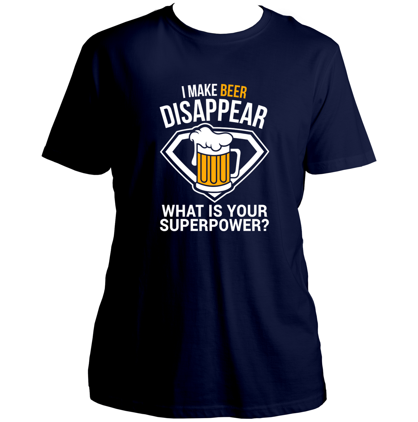 Navy Blue Beer Power Unisex T-Shirt with funny beer graphic print by Garrari