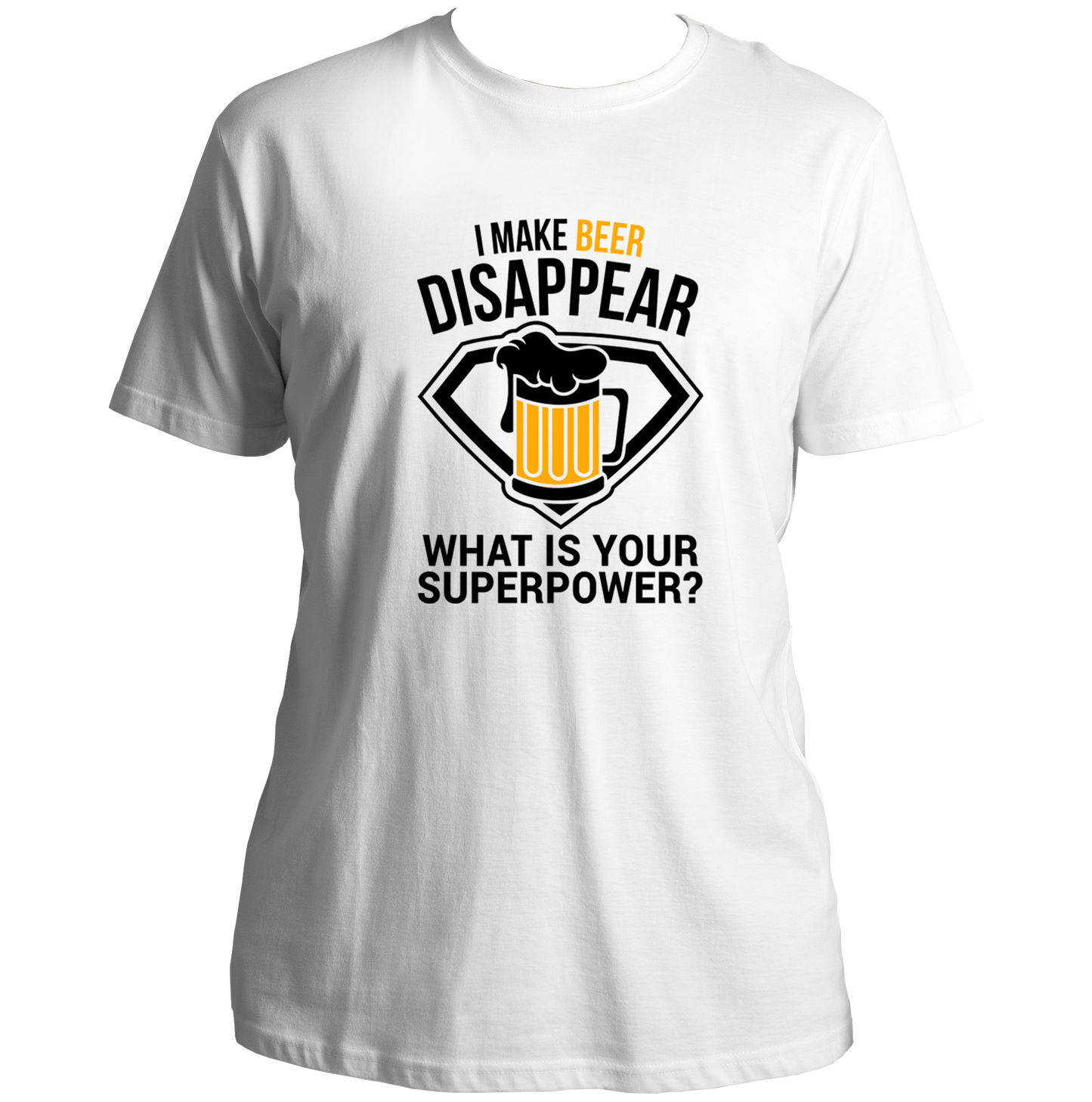 White Beer Power Unisex T-Shirt with beer mug and superpower typography by Garrari