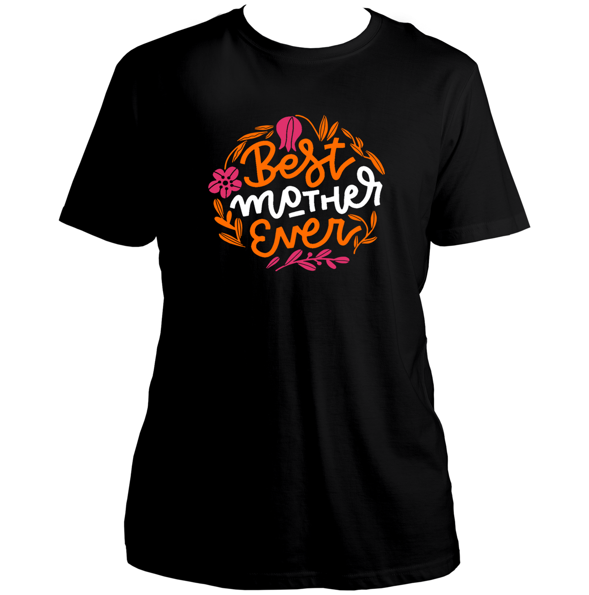 Black Best Mother Ever Unisex T-Shirt by Garrari with bright floral mother typography print