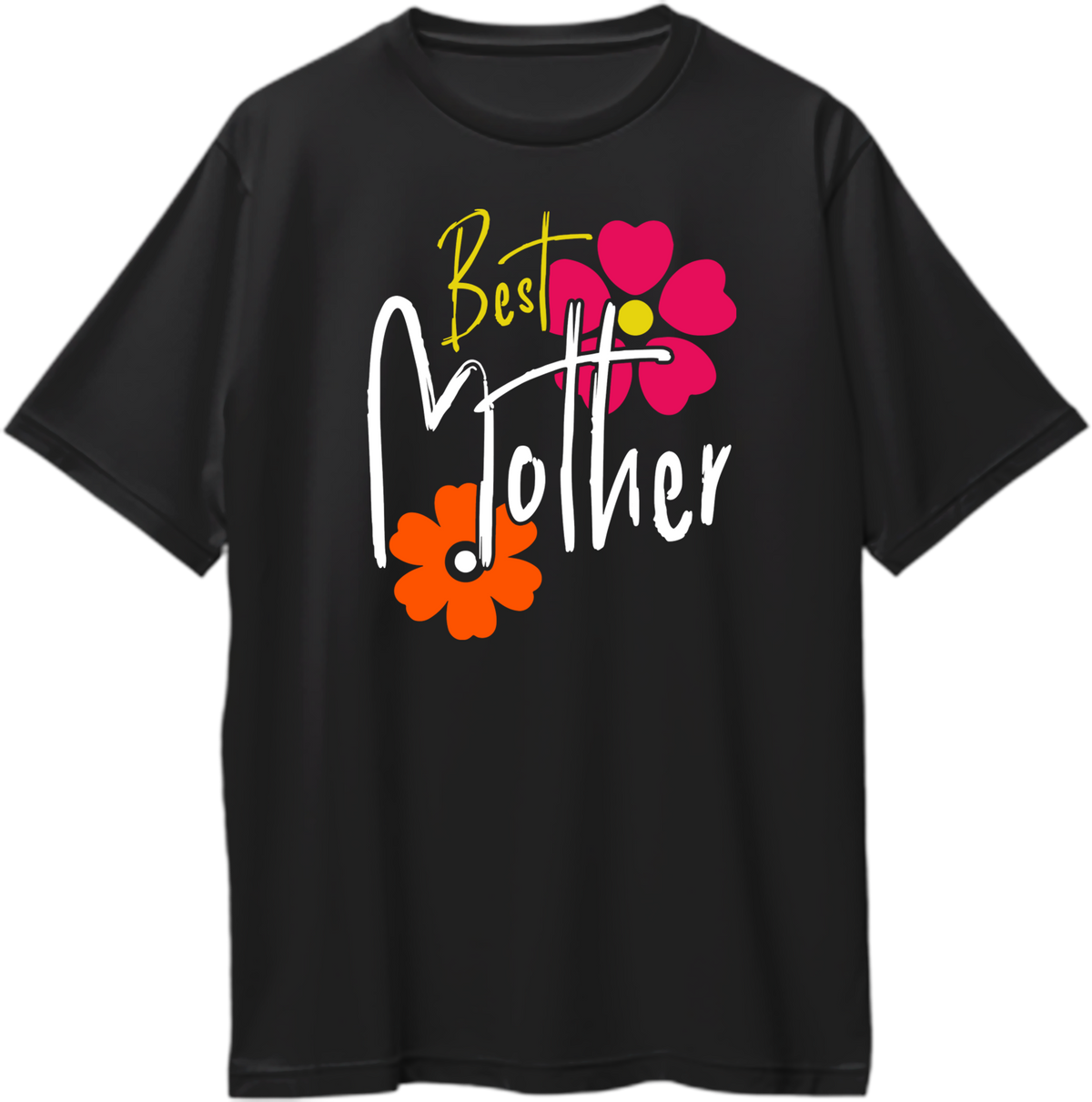 Black Best Mother Oversized T-Shirt by Garrari with pink orange and yellow floral Best Mother graphic