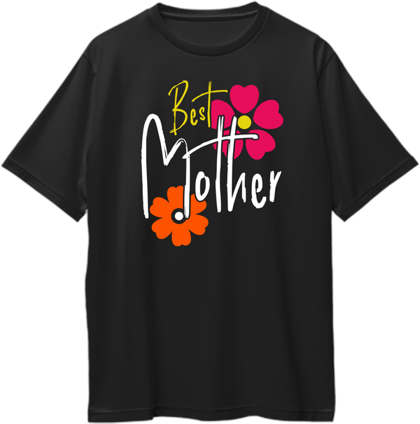 Black Best Mother Oversized T-Shirt by Garrari with pink orange and yellow floral Best Mother graphic