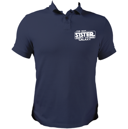 Navy Blue The Best Sister In The Galaxy Polo T-Shirt with white sister quote chest print