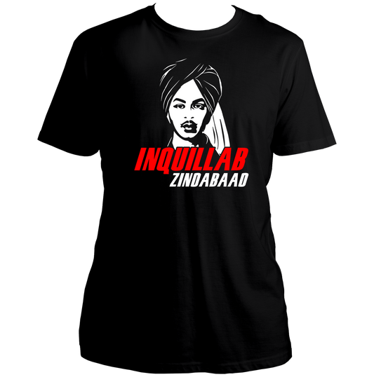 Black Bhagat Singh Inquilab Zindabad Unisex T-Shirt with revolutionary slogan print by Garrari