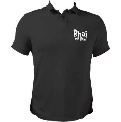 Black Bhai Hai Polo T-Shirt for brother by Garrari with contrast Bhai Hai chest graphic print