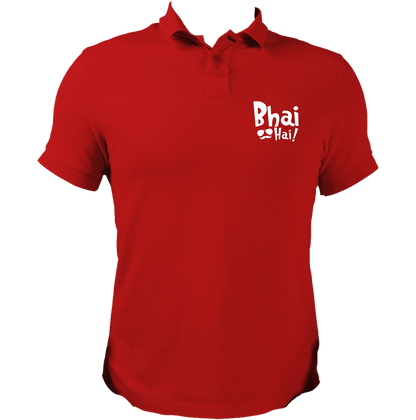Red Bhai Hai Polo T-Shirt for brother by Garrari with contrast chest graphic print