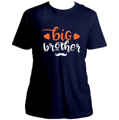 Navy Blue Big Brother Unisex T-Shirt by Garrari with contrast brother typography, hearts and moustache graphic