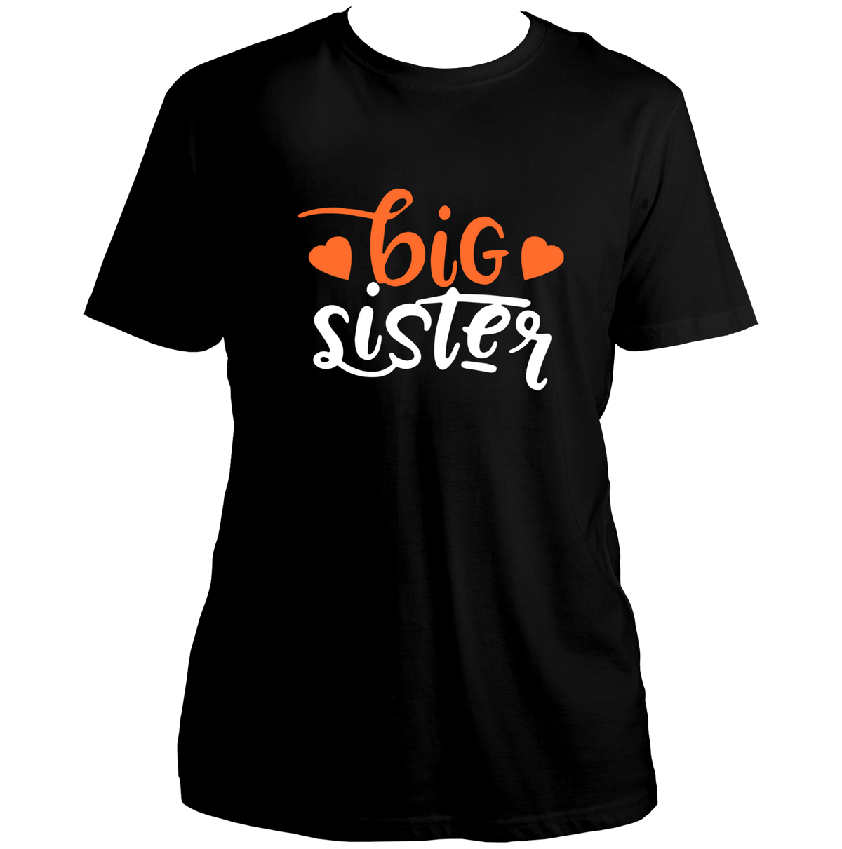 Black Big Sister Unisex T-Shirt by Garrari with orange and white elder sister typography and heart graphic