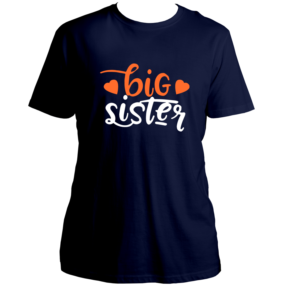 Navy Blue Big Sister Unisex T-Shirt by Garrari with contrast elder sister typography and heart graphic