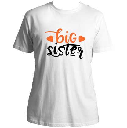 White Big Sister Unisex T-Shirt by Garrari with orange and black Big Sister statement graphic