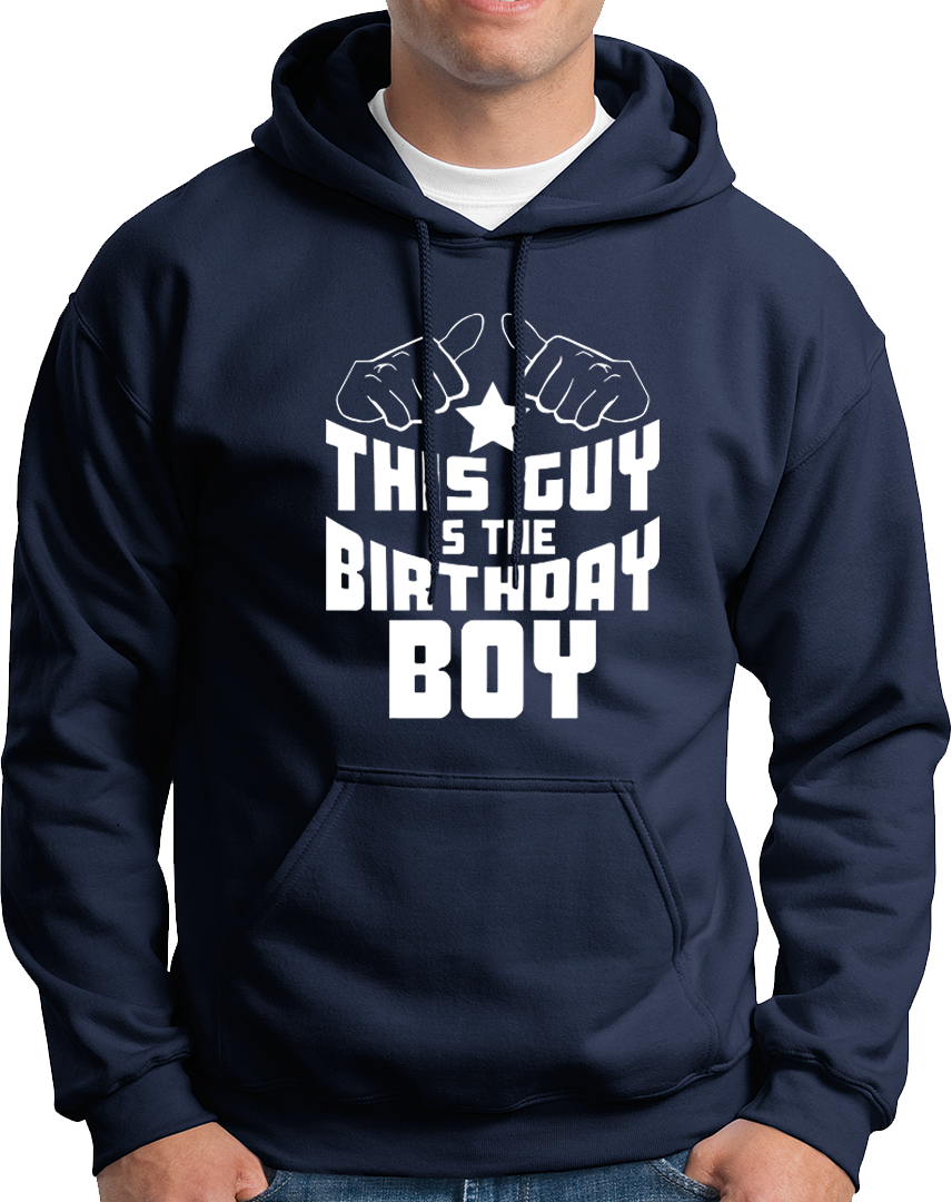 Navy Blue This Guy Is The Birthday Boy Unisex Hoodie by Garrari with white birthday boy typography and pointing hands