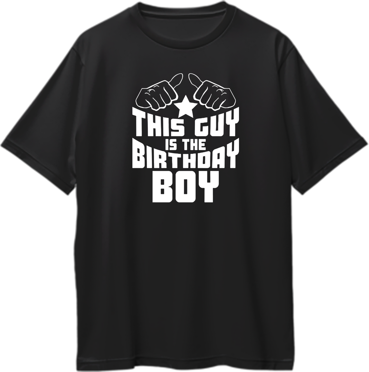 Black This Guy Is The Birthday Boy Oversized T-Shirt by Garrari with white birthday boy typography and pointing hands