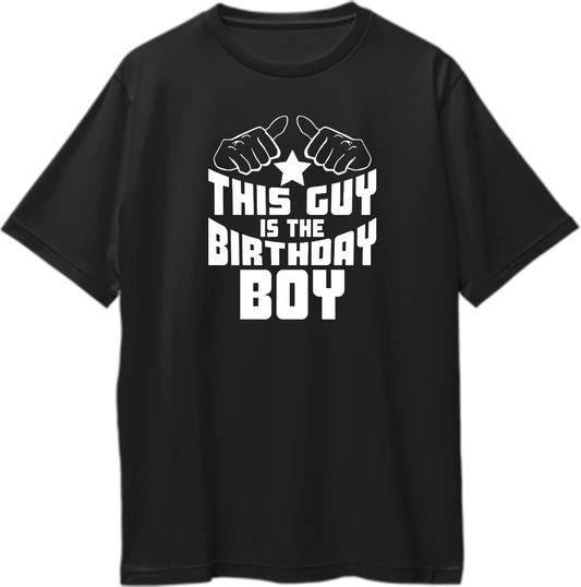 Black This Guy Is The Birthday Boy Oversized T-Shirt by Garrari with white birthday boy typography and pointing hands