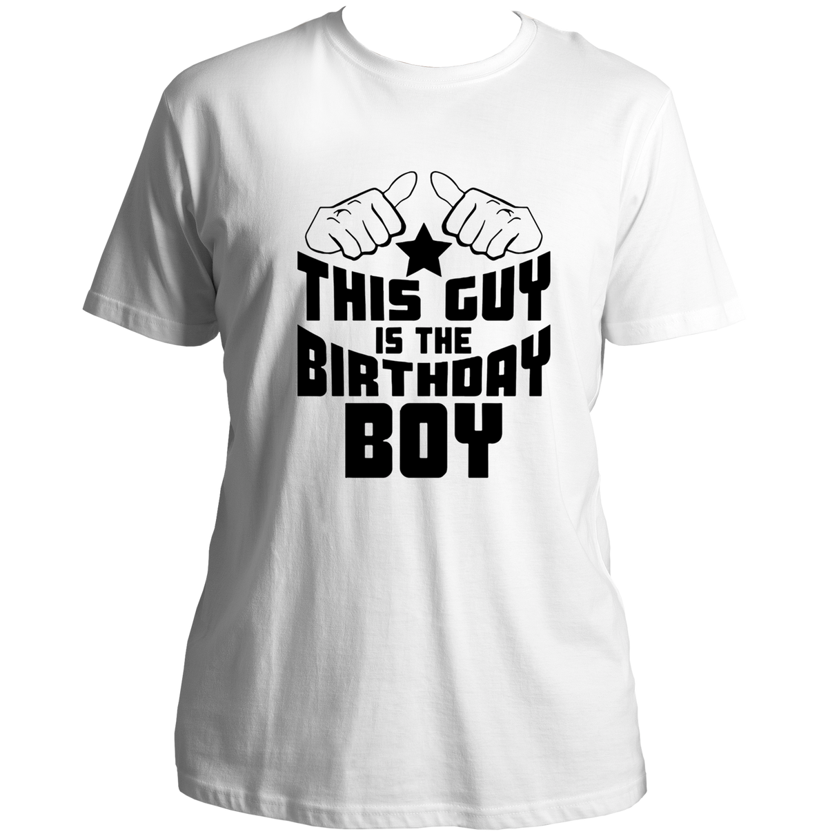 White This Guy Is The Birthday Boy Unisex T-Shirt by Garrari with bold black birthday boy graphic