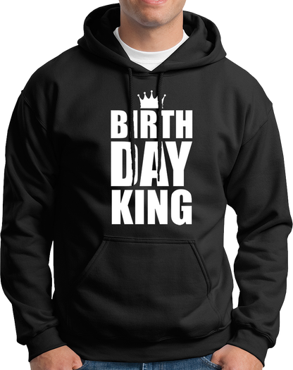 Black Birthday King Unisex Hoodie by Garrari with contrast crown birthday statement print