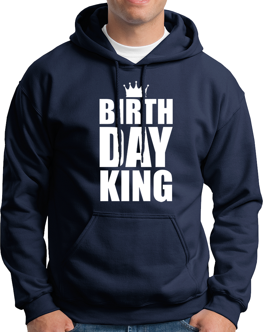 Navy Blue Birthday King Unisex Hoodie by Garrari for men with bold birthday crown graphic