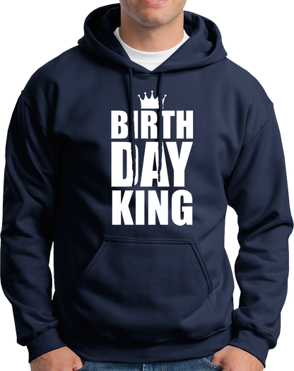Navy Blue Birthday King Unisex Hoodie by Garrari for men with bold birthday crown graphic
