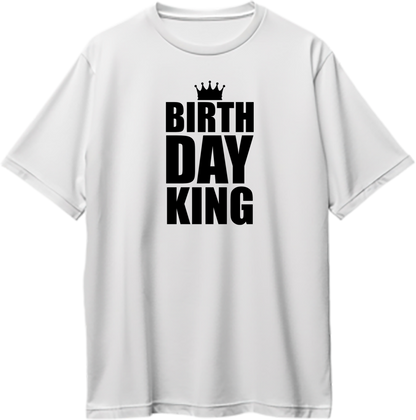White Birthday King Oversized T-Shirt by Garrari with black stacked Birthday King crown graphic