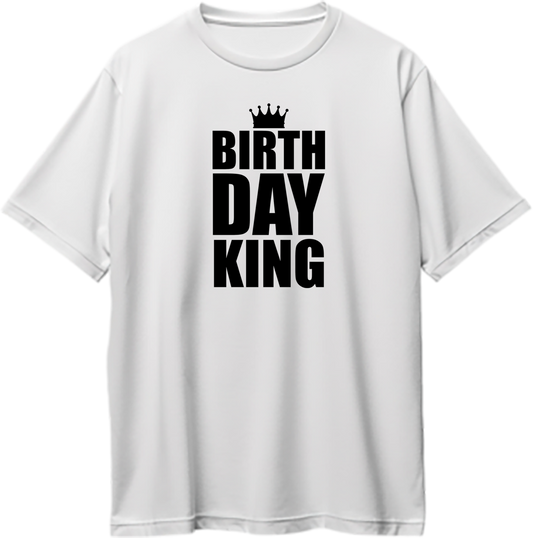 White Birthday King Oversized T-Shirt by Garrari with black stacked Birthday King crown graphic