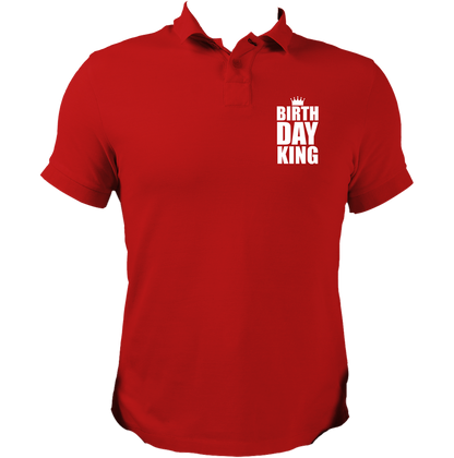 Red Birthday King Polo T-Shirt by Garrari with birthday crown chest print for men