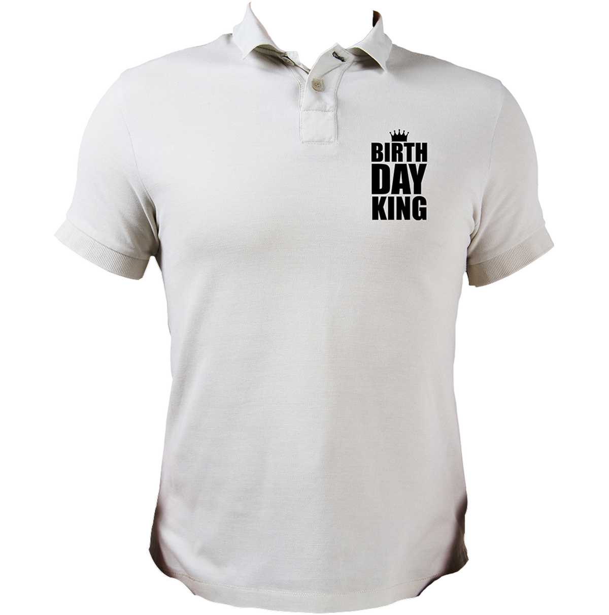 White Birthday King Polo T-Shirt by Garrari with black crown and Birthday King chest graphic