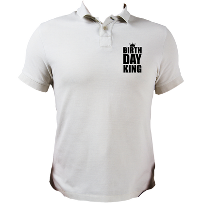 White Birthday King Polo T-Shirt by Garrari with black crown and Birthday King chest graphic
