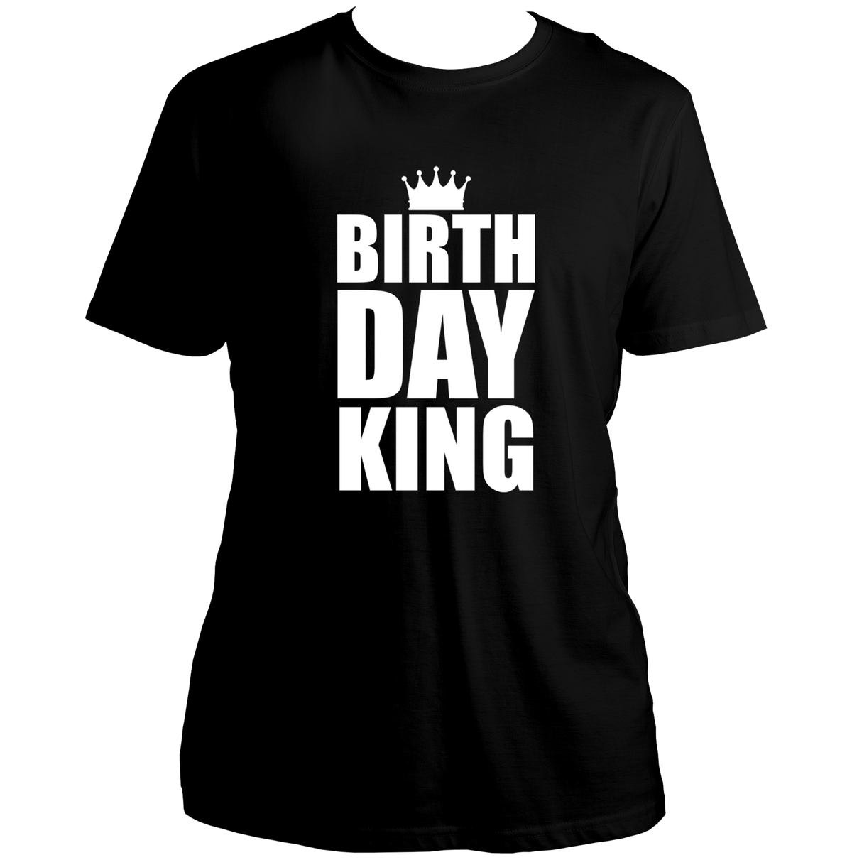 Black Birthday King Unisex T-Shirt by Garrari with white crown and bold birthday statement print
