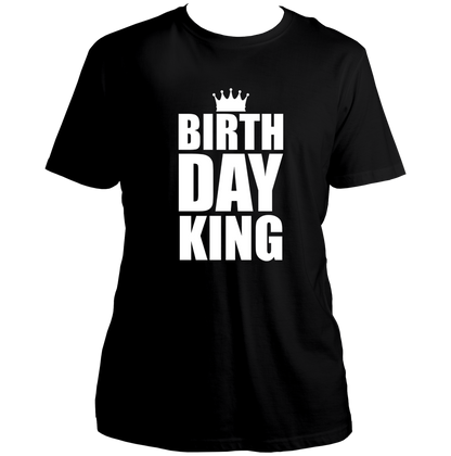 Black Birthday King Unisex T-Shirt by Garrari with white crown and bold birthday statement print