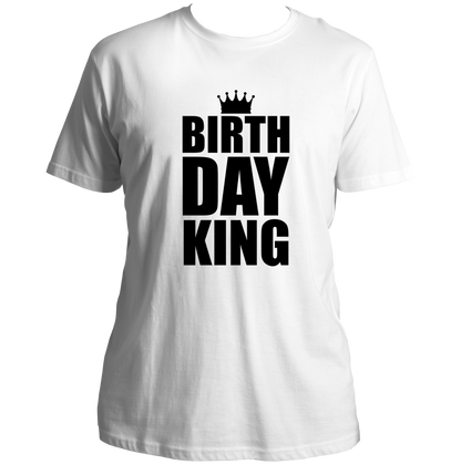 White Birthday King Unisex T-Shirt by Garrari with black Birthday King crown design