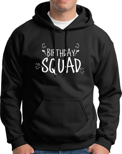 Black Birthday Squad Unisex Hoodie by Garrari with matching birthday crew statement print