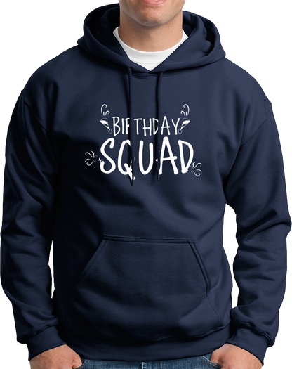 Navy Blue Birthday Squad Unisex Hoodie by Garrari with white Birthday Squad graphic for group celebrations