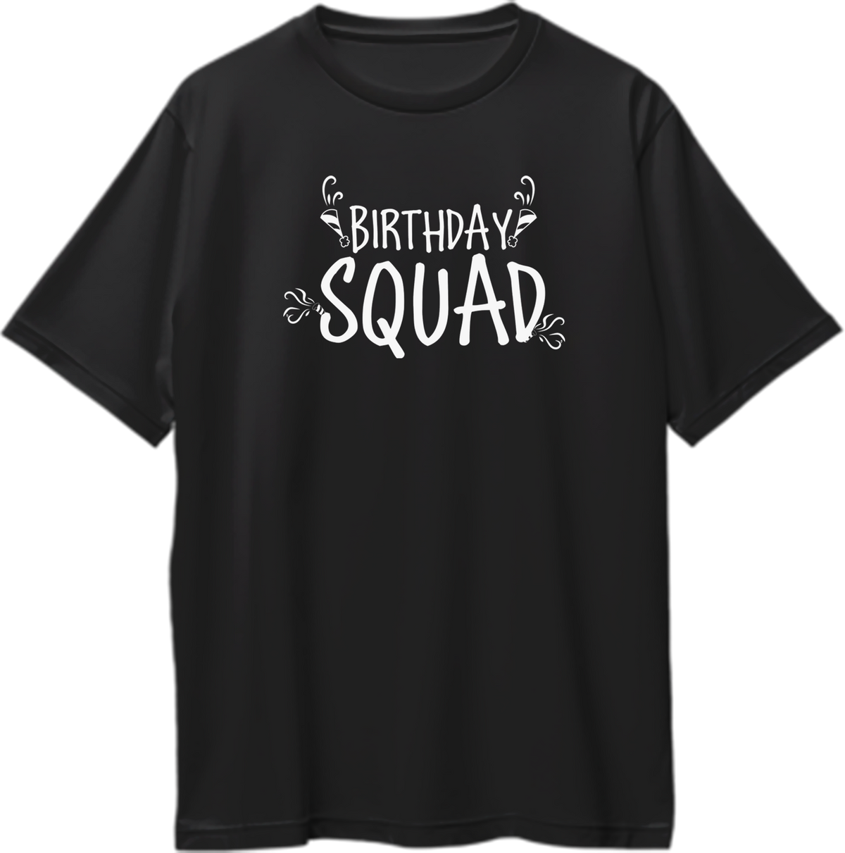 Black Birthday Squad Oversized T-Shirt by Garrari with white Birthday Squad typography and party graphics