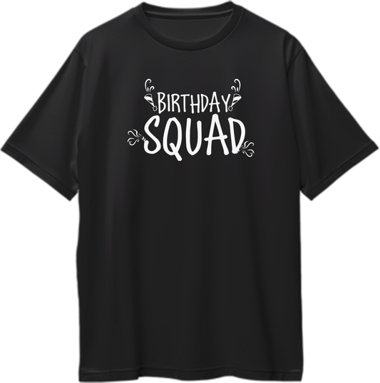 Black Birthday Squad Oversized T-Shirt by Garrari with white Birthday Squad typography and party graphics