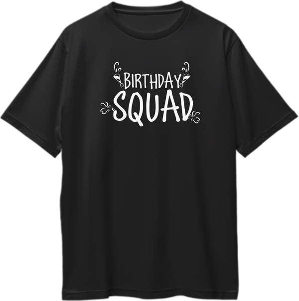 Black Birthday Squad Oversized T-Shirt by Garrari with white Birthday Squad typography and party graphics