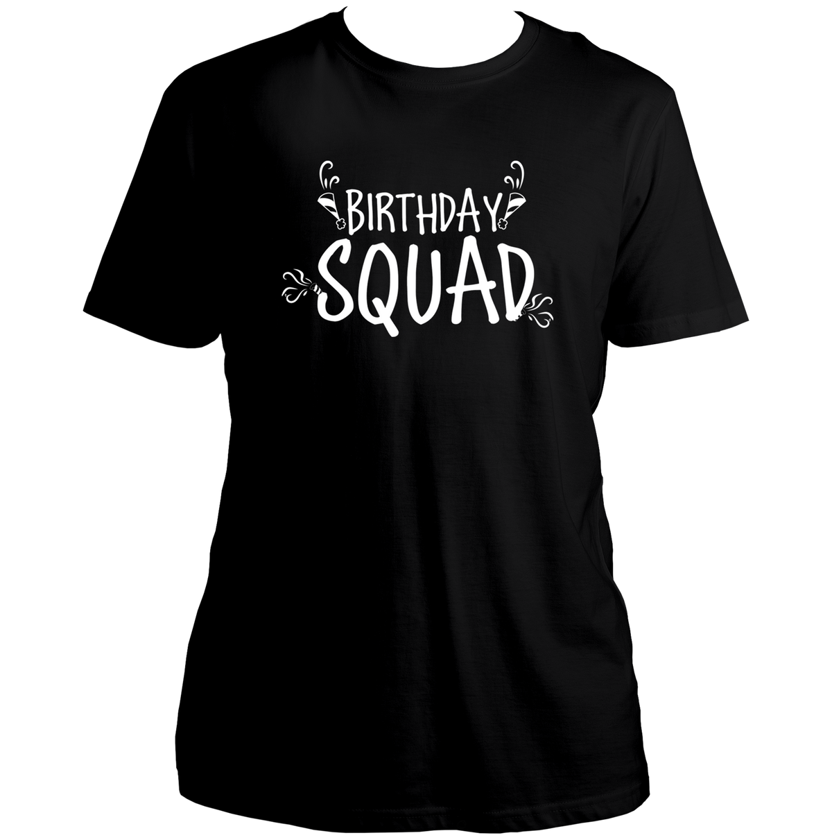 Black Birthday Squad Unisex T-Shirt by Garrari with white birthday crew statement print