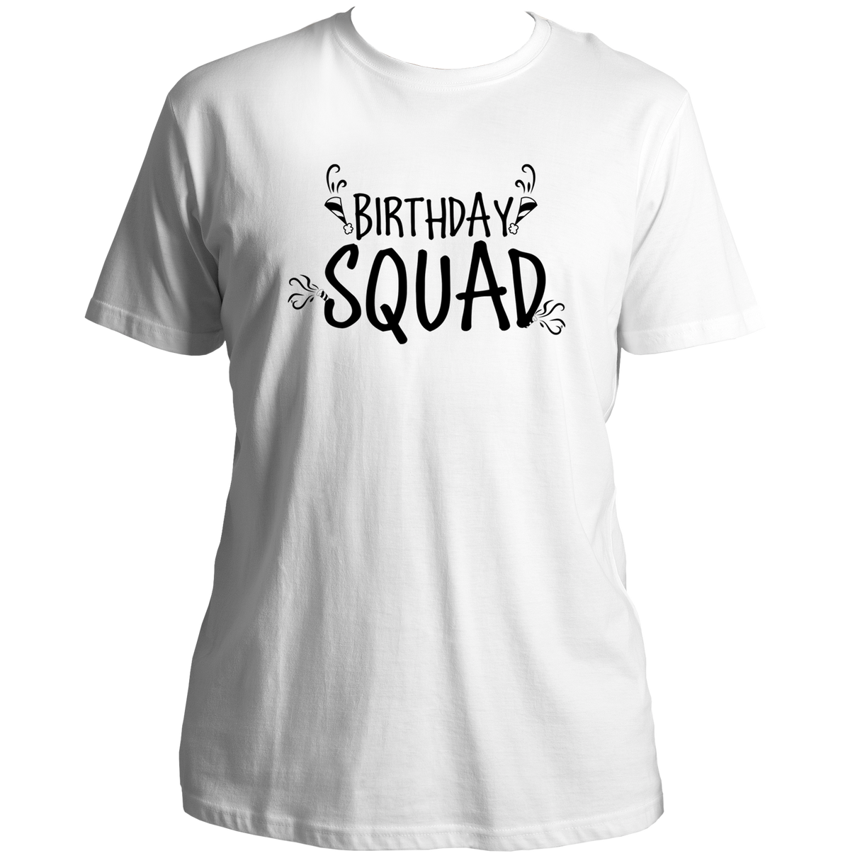 White Birthday Squad Unisex T-Shirt by Garrari with black birthday squad party graphic