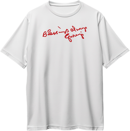 Blessings Always Guruji white oversized T-shirt with devotional graphic by Garrari